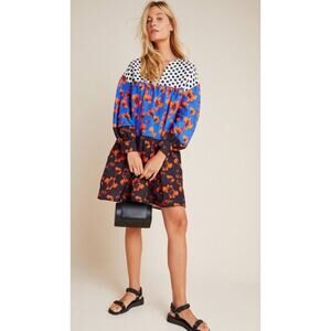 Anthropologie Blue and Black Floral Mini Dress